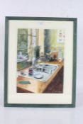 John Lidzey (1935-2009), "4 Harleston Kitchen", signed watercolour, housed in a green painted glazed