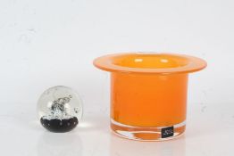 Wedgwood bright orange art glass vase, of cylindrical form, 15cm diameter, and a Caithness art glass