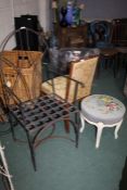Gothic style metal framed armchair, together with a mid 20th Century nursing chair, single chair