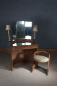 Art Deco limed oak dressing table, having three mirrors with a lamp either side, fitted single
