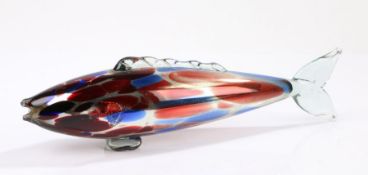 Murano glass fish, with mottled red and blue decoration, 45cm longFish with remains of labels to the
