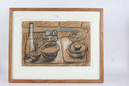 20th Century charcoal and chalk still life study depicting a tray with eggs, a bottle, cup, bowls
