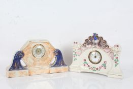 A.M.C. pottery mantle clock, mounted with a peacock, with floral garlands, the other with orange