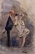 20th Century School, study of two figures, indistinctly signed watercolour, housed in a gilt and