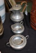 Roundhead spot hammered pewter cream jug and matching sugar bowl, with similar pot (3)