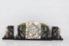 Art Deco black slate, marble and onyx three piece clock garniture, centred with a silvered diamond