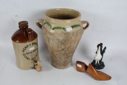 Tall pottery twin handled vase, a stoneware flagon reading 'Perry Bros. Cider Mills, Dowlish