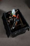 Black plastic crate of various had tools, to include planes, hammers etc., (1 box)