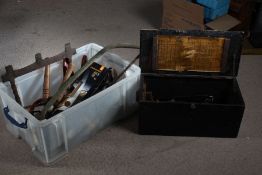 Plastic crate of various hand tools and a black painted box of tools (2)