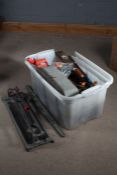 Large box of  various hand tools, spirit level, hand saw etc., (qty)