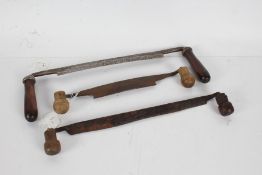 Three wooden handled drawknives, one with the handle stamped 'Python Patented', 45cm long (3)