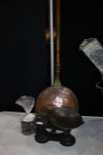 Set of kitchen scales and weights, and a Victorian copper warming pan (2)