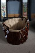 Wicker log basket, with hessian lining, 52cm diameter