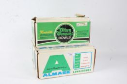 Set of four Almark lawn bowls, and one other in a Crown Conquest box