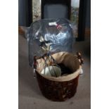 Wicker log basket with hessian lining, 45cm diameter, together with a companion set, spark guard and
