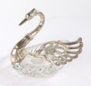 Continental silver mounted glass dressing table pot modelled as a swan, the folding wings opening to