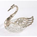 Continental silver mounted glass dressing table pot modelled as a swan, the folding wings opening to