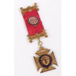 9 carat gold Royal Antediluvian Order of Buffaloes medal, the cross form medal with blue enamel