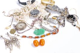 Collection of costume jewellery to include pearl necklace bracelets earrings pocket watch and