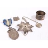 Silver, various dates and makers, to include Masonic medal, napkin ring, St. Christopher pendant,