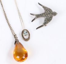 Silver and paste brooch in the form of a bird, silver necklace together with a silver mounted and