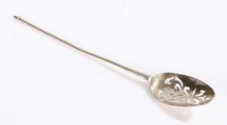 George III silver moat spoon, marks rubbed, the pierced scroll decorated bowl above a tapering