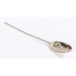 George III silver moat spoon, marks rubbed, the pierced scroll decorated bowl above a tapering