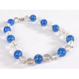 Crystal bead necklace, with alternating blue and clear round crystal beads, 42cm long