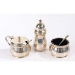 Elizabeth II silver three piece condiment set, Birmingham 1972, maker J.B. Chatterley & Sons Ltd.