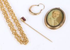 9 carat gold earring, rolled gold locket, yellow metal necklace together with a yellow metal stick