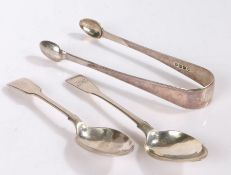 Pair of George IV silver sugar tongs, London 1824, maker RB, William IV silver teaspoon, London