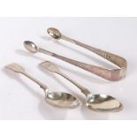 Pair of George IV silver sugar tongs, London 1824, maker RB, William IV silver teaspoon, London