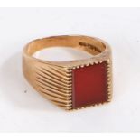 9 carat gold ring set with a square red stone, ring size V weight 7.0 grams