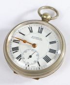 H. Samuel white metal cased open face pocket watch, the white enamel with black roman numerals and