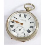 H. Samuel white metal cased open face pocket watch, the white enamel with black roman numerals and