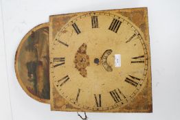 19th century painted metal longcase clock face, painted with a figure walking on a country path,
