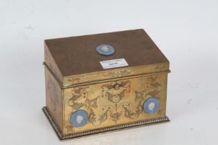 19th Century brass stationary box, mounted with five Wedgwood jasperware style roundels, the sloping