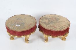 Pair of Regency style gilded wooden stool, with needlework upholstery depicting buildings, raised on