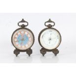 Early 20th century brass cased clock and barometer set, the clock having pink, white and blue enamel