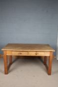 20th century pine framed kitchen table, the rectangular top above a frieze fitted two drawers,
