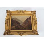 19th century British School, study of a valley with a figure seated on a wall, unsigned oil on