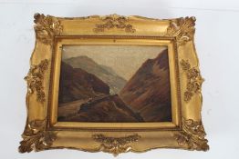19th century British School, study of a valley with a figure seated on a wall, unsigned oil on
