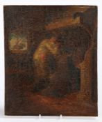 Late 18th Century primitive oil on board, Interior scene, man smoking a pipe, oil on board 27.5cm