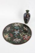 Japanese cloisonne vase and panel, the vase with colourful butterflies and flowers on a black