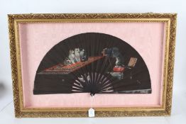 A. Thomasse, black silk fan, hand painted with a scene of three cats being photographed by