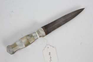 19th Century Indian dagger, possibly Gujarat, with mother of pearl handle and Damascus blade, 23.5cm