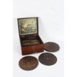 19th century table-top polyphon, housed in a walnut and brass case, with ten 8" discs, the box