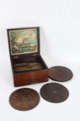 19th century table-top polyphon, housed in a walnut and brass case, with ten 8" discs, the box