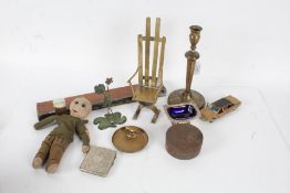 Mixed items to include a silver plated salt, brass model of a chair, lighter, doll etc., (qty)