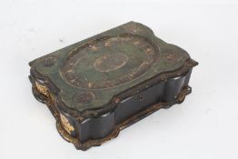 Victorian papier mache writing box, the hinged lid (AF) with gilded decoration opening to reveal a